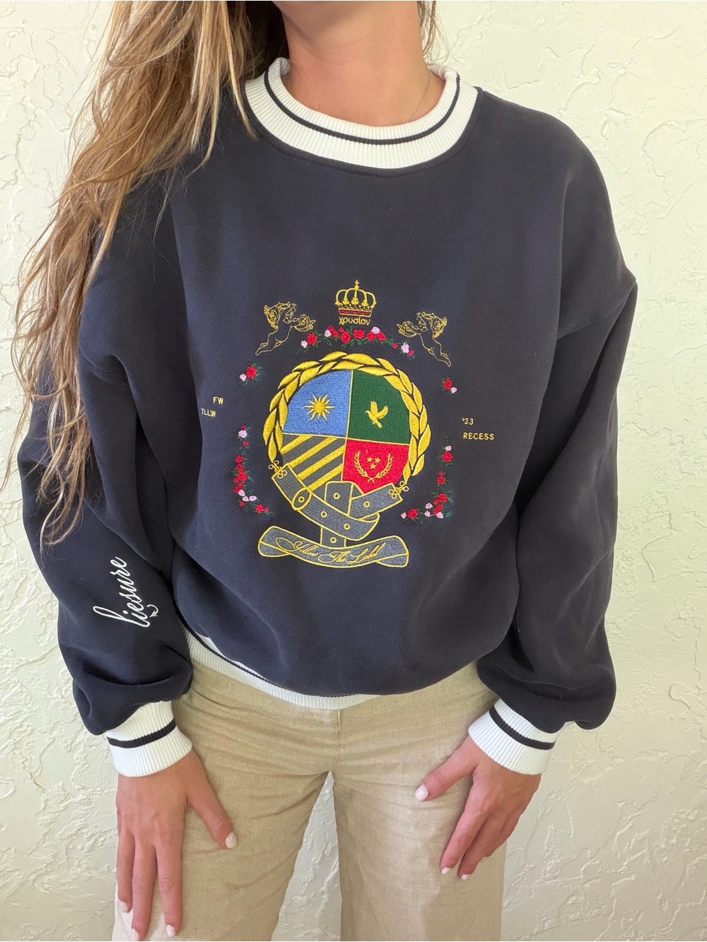 Yellow the Label Navy Embroidered Crest Crewneck Sweater